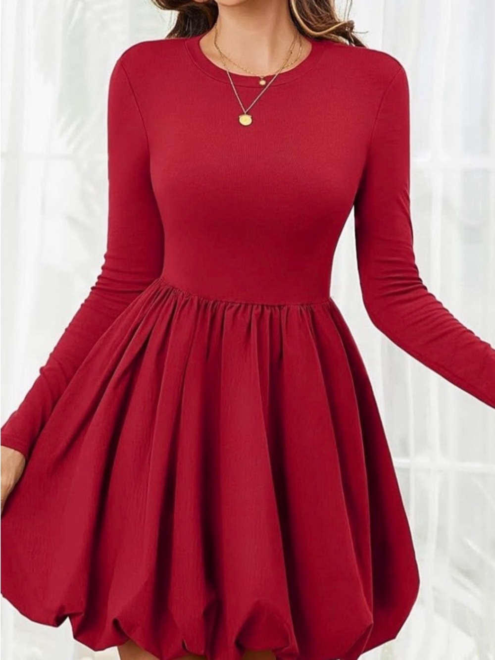 Long Sleeve Red Fit-and-Flare Bubble Hem Dress